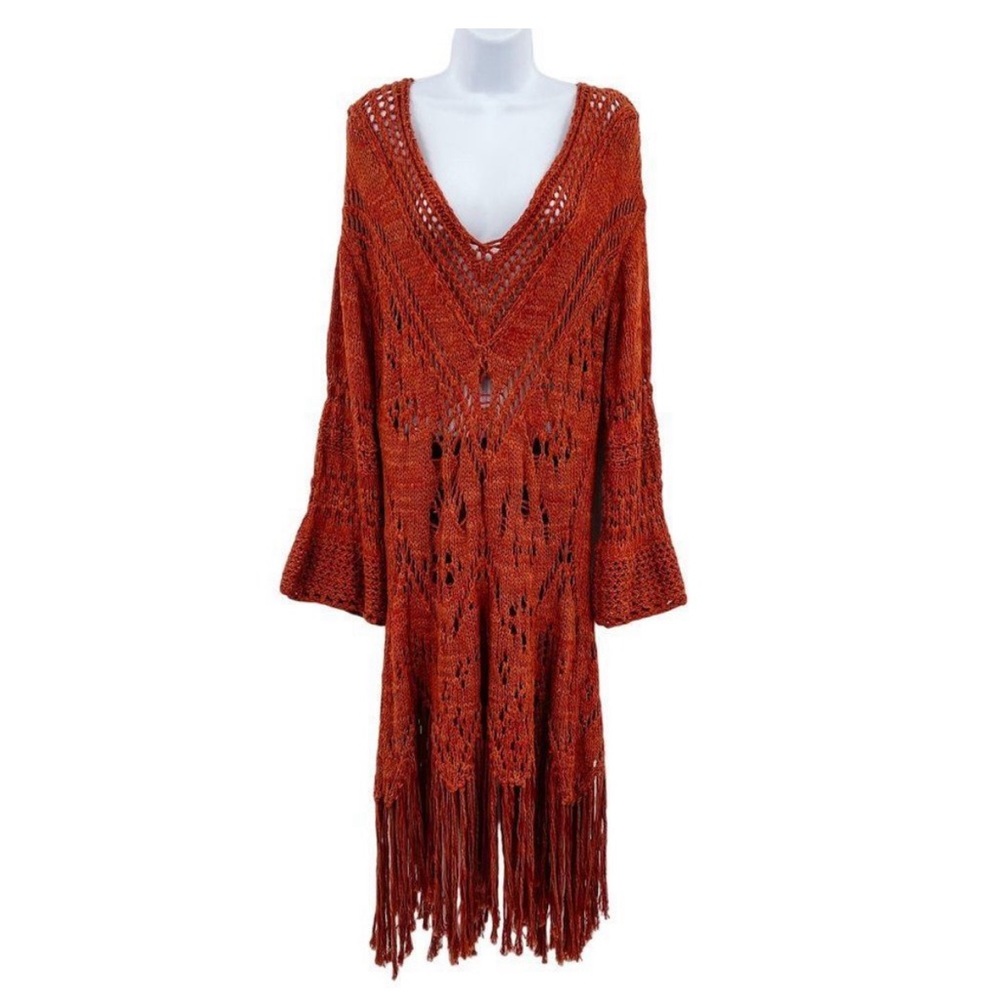 Free People Constellation Crochet Sweater Knit Fringe Tunic Midi Dress Boho - Picture 3 of 3